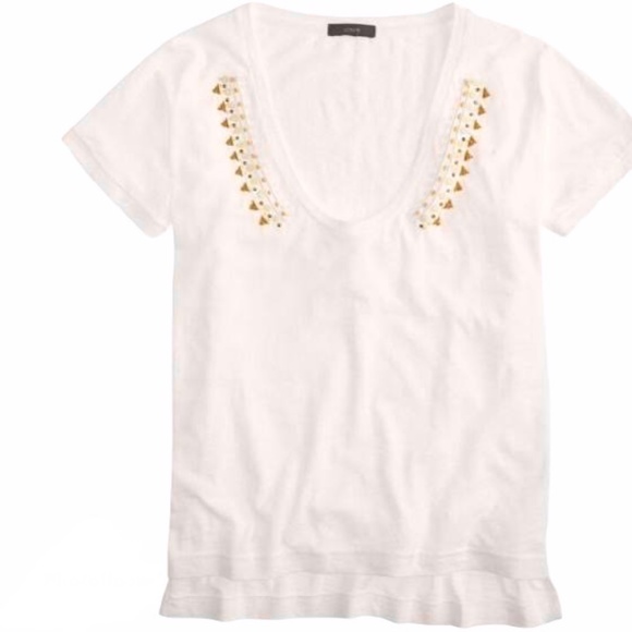 J. Crew Heather Beige Beaded V-neck Tee - Picture 2 of 10